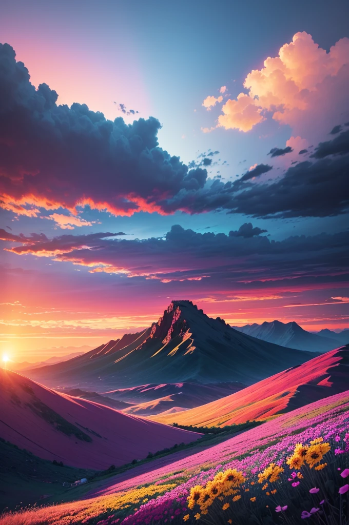 Enjoy a beautiful sunset, The hills are covered with flowers and plants., Flowers are nearby, Colorful Sky, Surreal colors, Colorful sunset, Colorful Sky, Beautiful skyの反射, Beautiful sky, Fantastic atmosphere 8K, Multicolored clouds, Colors reflected in the lake, Surreal Sky, Red and blue reflections, Fire Reflection, Beautiful sky, beautiful and spectacular sunset, Beautiful dream landscape, Beautiful sky