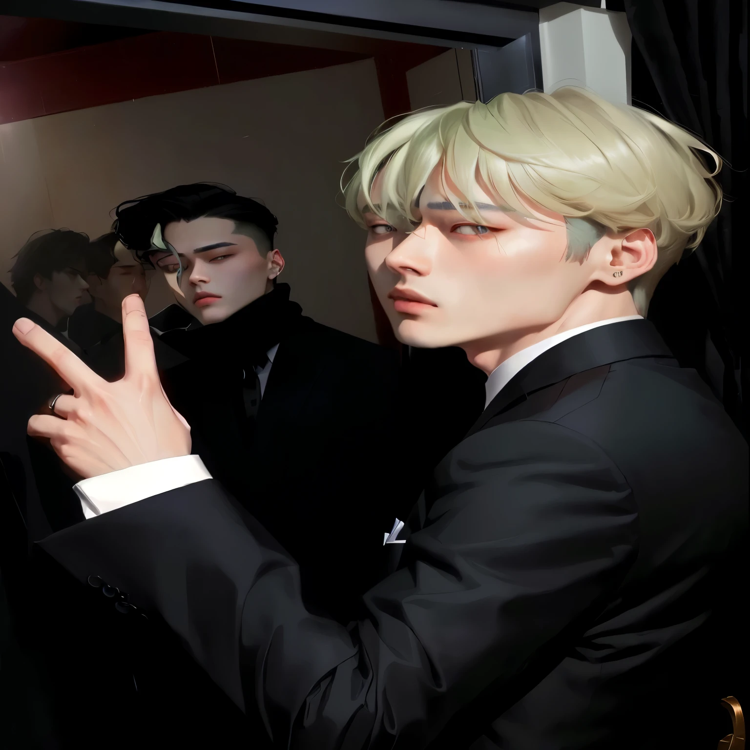 Arafed man in a suit and tie standing in front of a mirror, Jung Jaehyun, inspired by Yanjun Cheng, & Jeehyung Lee & Oh!, Yanjun Chengt, gunwoo kim y j.dickensson, tumblr, Taejune Kim, alessio albi and shin jeongho, Jimin, stand out