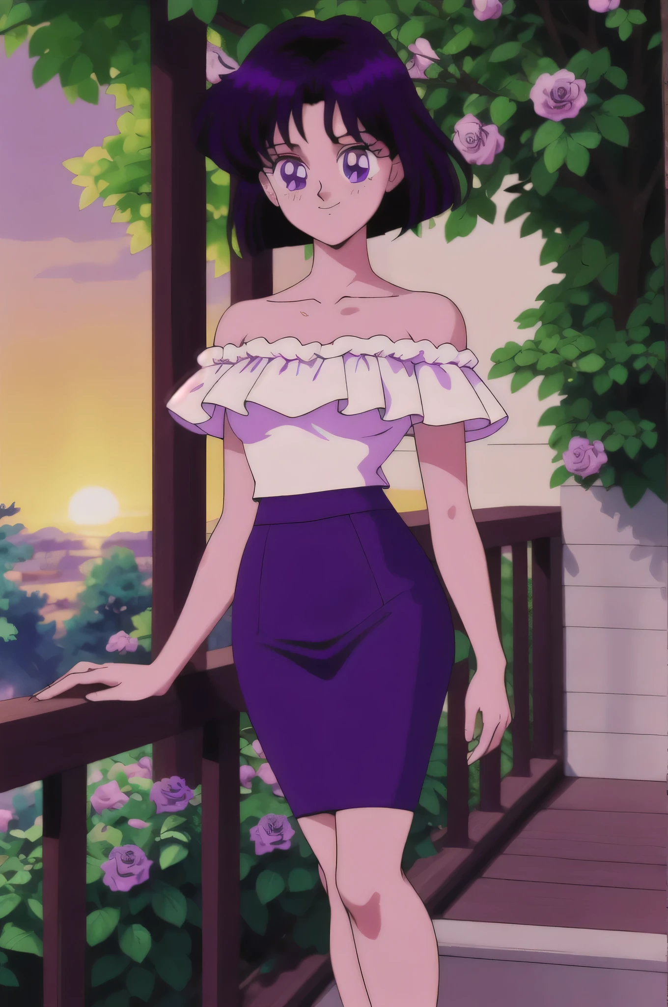 (retro anime girl:1.2), (masterpiece:1.2), (best quality), (ultra detailed), (8k,4k), (half body:1.2), (cowboy:1.2), (close up:1.2), (highly detailed:1.2), (White Ruffle Off-the-shoulder top:1.4), (purple skin tight pencil skirt:1.4), Hotaru Tomoe, 1 girl, solo, Best quality, masterpiece, High Definition, r, Purple Eyes, Beautiful Detail Eyes, Black Bob Hands, Good hands at sides, Seductive Smile, Blushing, Bare Neck, Bare Arms, Bare Shoulders, short sleeve, Strapless, White Ruffle Off-the-Shoulder Top, purple skin tight pencil skirt, standing at the railing in her garden, looking at viewers, garden, sunset skies, rose bushes, outdoor gazebo