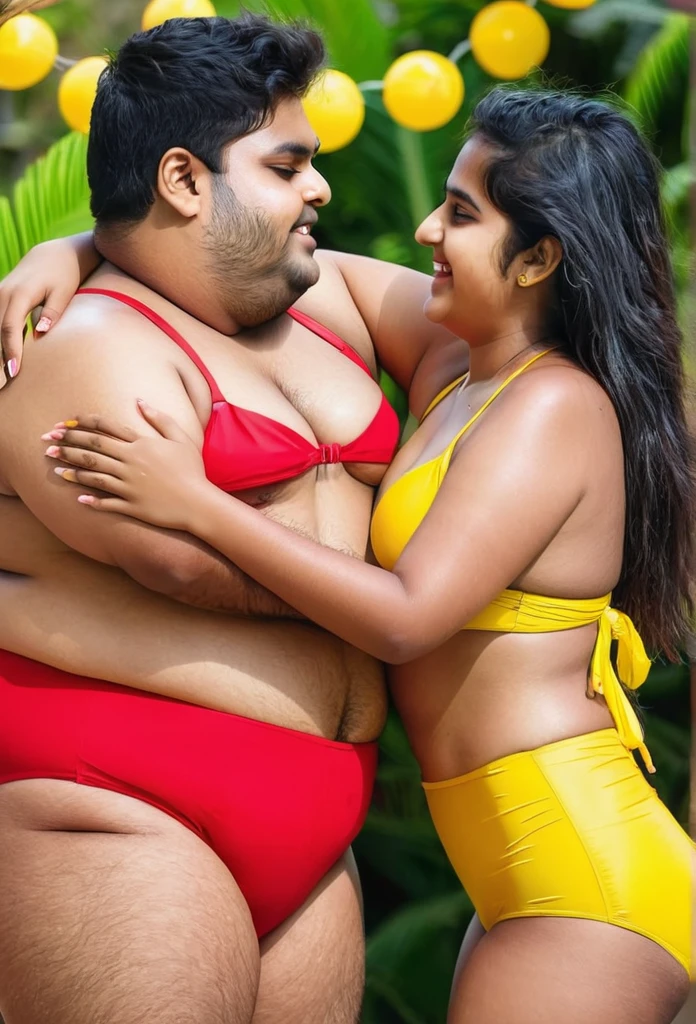 Fat indian 20 year old cute boy in red swimsuit briefs hug his twin sister , sister wearing yellow bikini