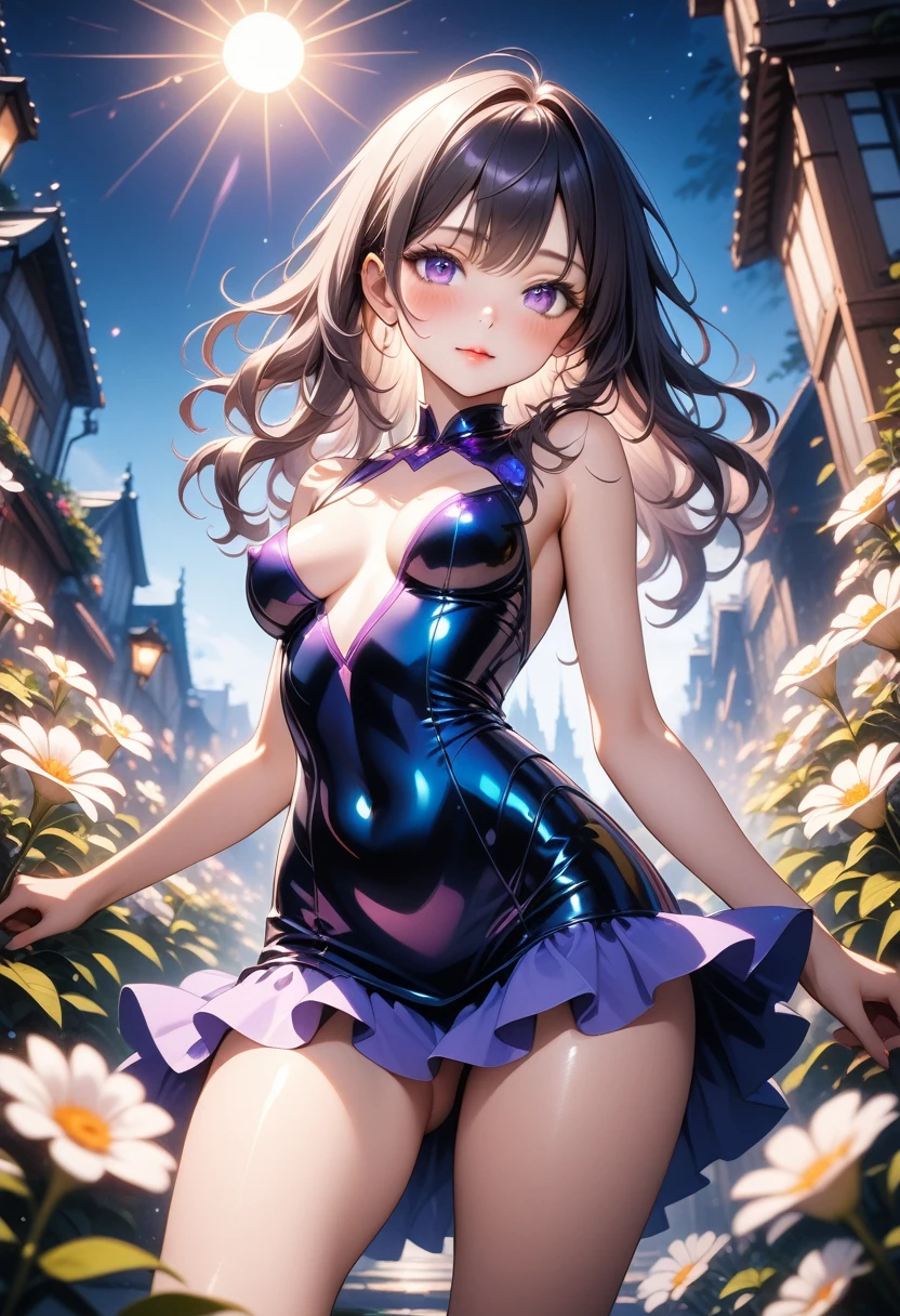 ai-generated,, One girl,Wavy Hair, Purple eyes, Glowing Eyes, Short dress, visible shoulders, Lips parted, blush, night, Flowers, sun, sunlight, dutch angle, sexly, Shiny costumes,, (camel toe:0.5), (visible nipples:0.8), sexly pose,