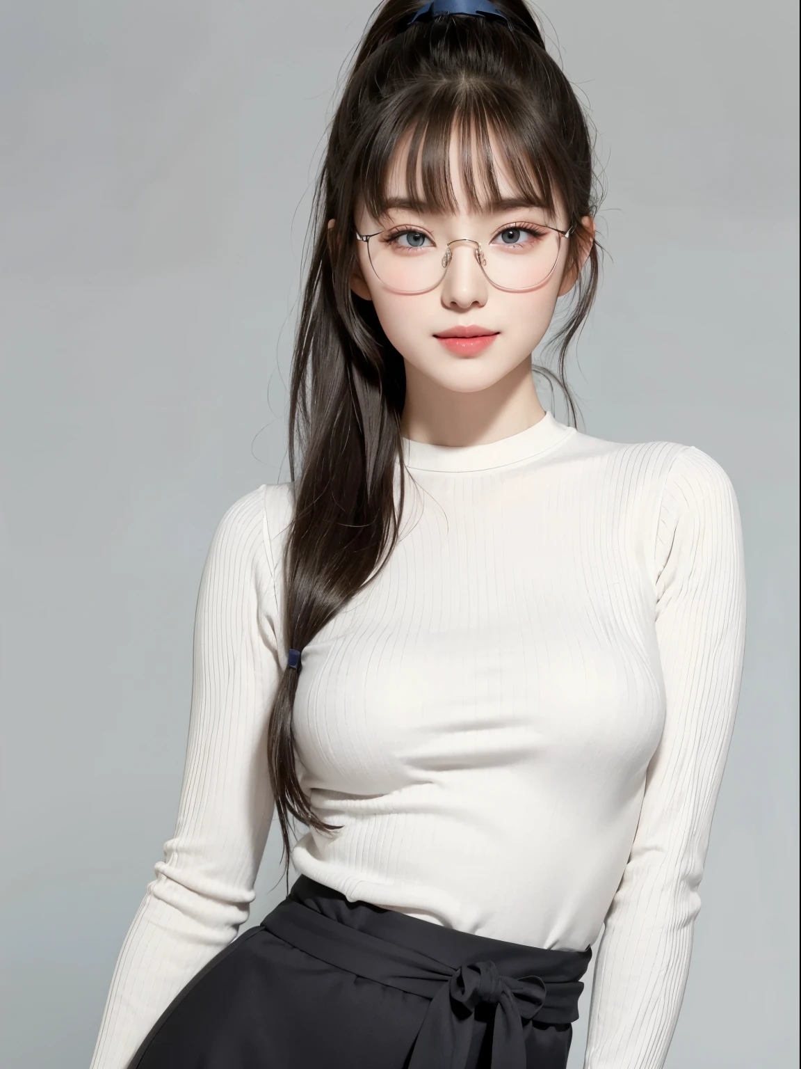 (Best quality, masterpiece, detailed), (RAW, 4k, hd images), 1 girl, , white skin, long hair, ponytail, layers hair, bangs, black hair, beautiful girl, cute girl, sweet girl, pretty girl, perfect girl, perfect body, pretty eyes, blue eyes, thin lips, (eye line, lip soft), perfect round breast, glasses, wayfare, simple background, smile, waist, hips, sweater, half body, modeling pose, free style pose, random angle capture