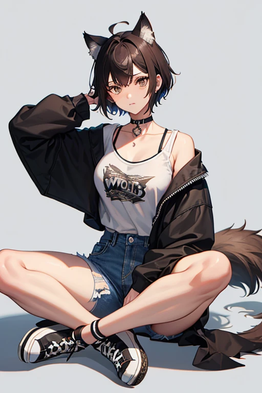 wolf cut hairstyle, brown eyes, loose fitting shirt, female, converse, fullbody, ripped jeans