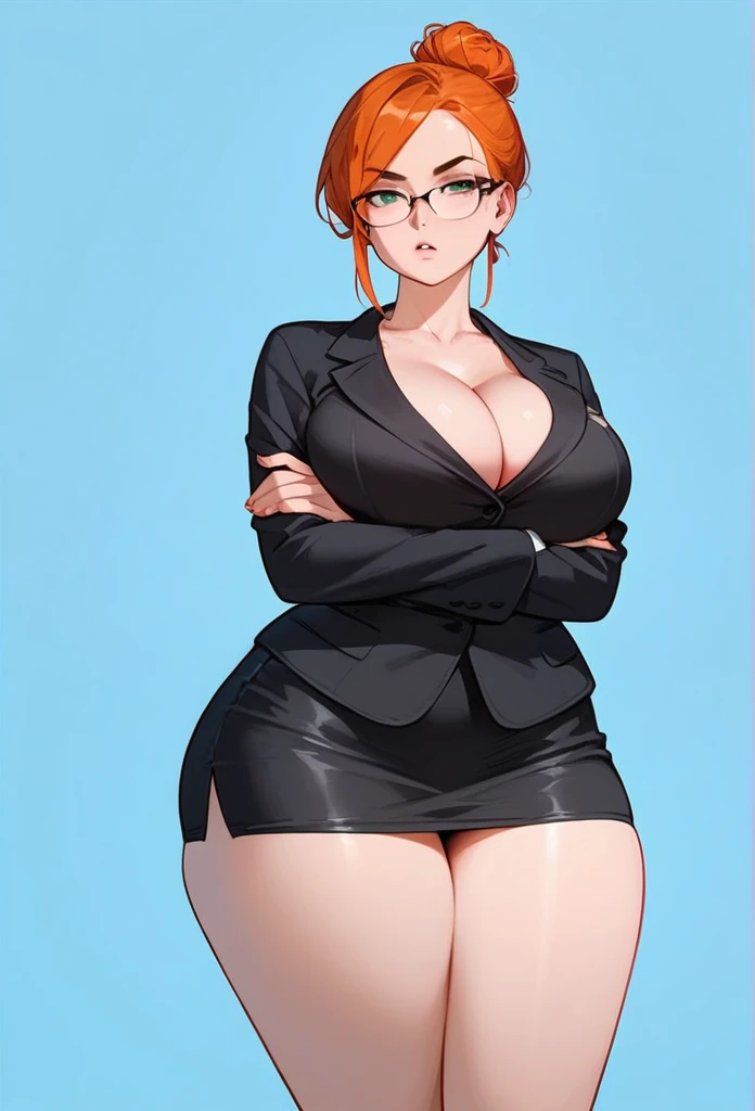 pale adult woman, large breasts, very thick thighs, massive thighs, wide hips, short ginger hair in a sleek hairbun, glasses, tight black blazer, tight black pencil skirt, mid-thigh black pencil skirt hem, thick thighs pressed together, very thick legs, thick calves, wearing black high heels, bored expression, strict teacher, facing forward, legs and feet in the photo, straight face, raised eyebrow, full body shown, voluptuous, detailed face, 8k quality, toes pointed inward, full body shown, staring, laying on floor, kneeling, blowjob, fellatio, eyes rolling up, penis in her mouth, side view, tears