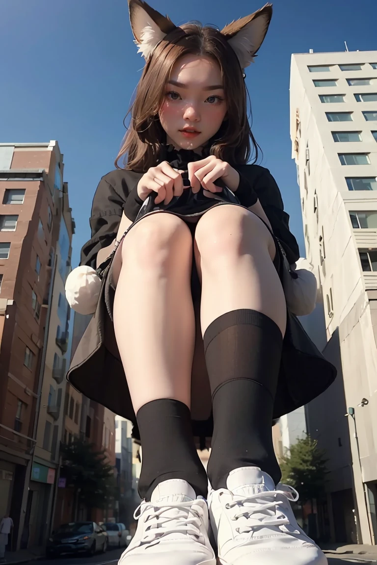 huge,brown hair,fox ears, girl,short skirt,Teasing the villain,A giant girl taller than a building,Wearing black knee socks,city-destroying,miniature city,lifting one's feet,Ready to stampede,Toyed around,low angle of view,shrouded in the villain,Lifted up the skirt,arrogant