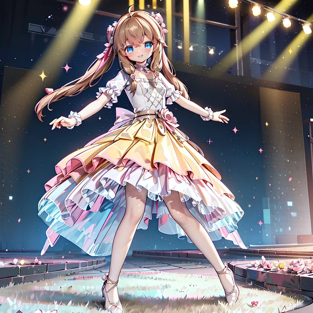 Solo, 1 girl, comical, kawaii, Blue eyes, light brown hair, back high twintails, front braids, (princess dress), white top, ((yellow dress 1.5))smile, Infront of viewer, from below, dance at the stage, neon and led lights, posing, sexy, high-resolution image, masterpiece, high quality, attractive eyes, full body