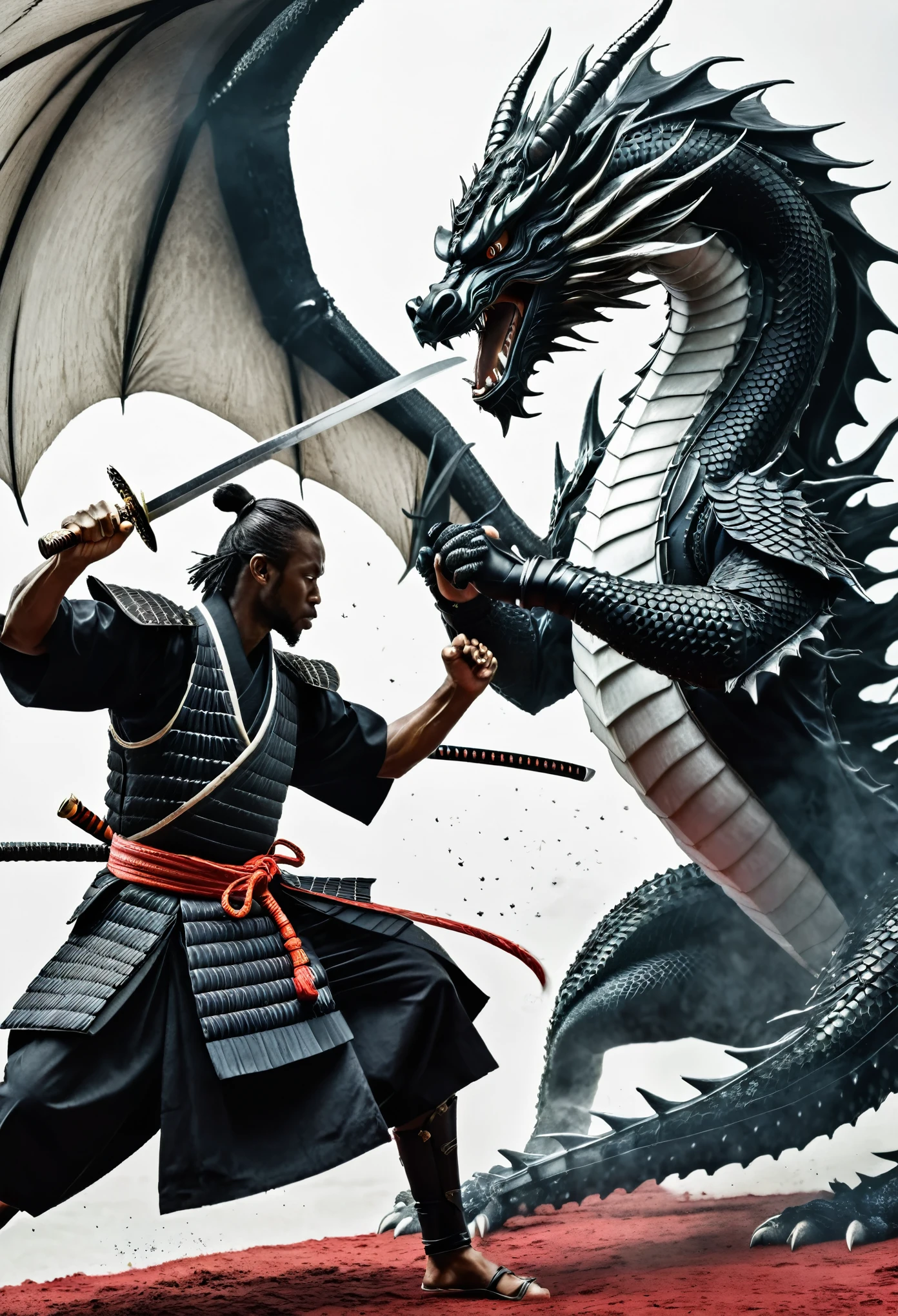 A black samurai fighting a white dragon