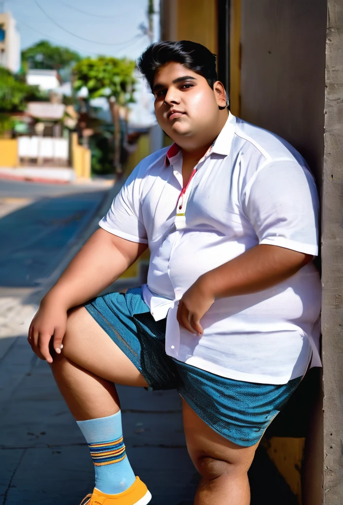 Fat indian 20 year old boy in shorts socks with short sleeve shirt