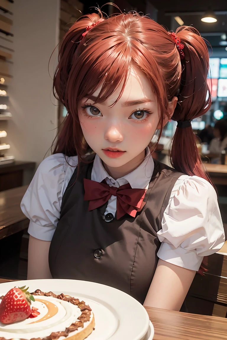 Promotional photo, the place is a coffee shop, 1 girl, 16-year-old face, waitress carrying cake to the table, red-haired twin tails, gentle face, half costume of gothic lolita and maid costume with the image of strawberries, clothes based on white,
