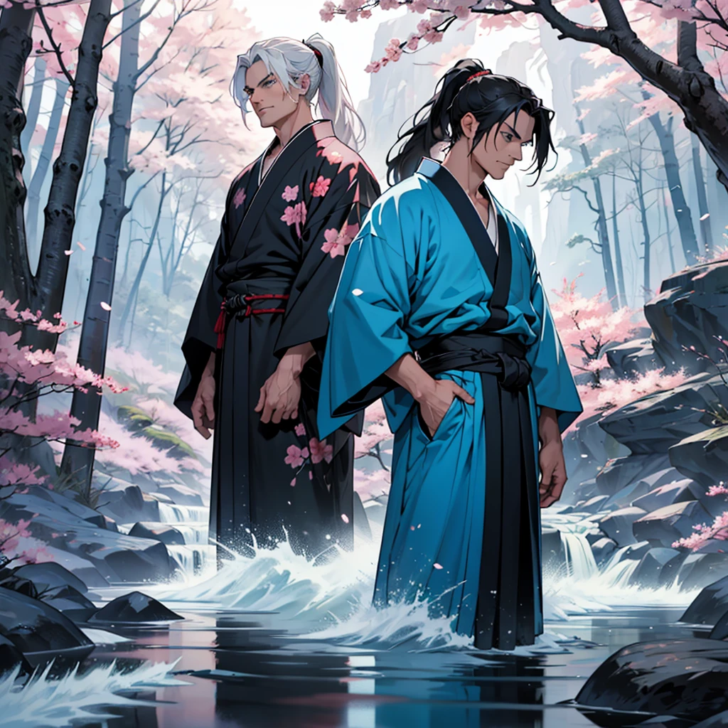 Make a 45 year old man with long black hair in a ponytail with blue eyes wearing a dark red kimono with a katana on his waist along with a 28 year old boy with white hair and green eyes wearing a white and light blue kimono. arms crossed in front of a mountain full of sakura trees and a stream in front
