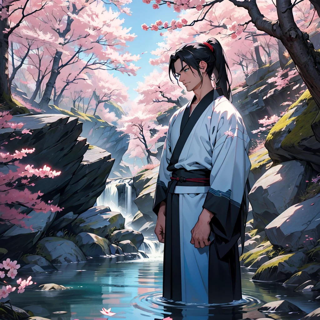 Make a 45 year old man with long black hair in a ponytail with blue eyes wearing a dark red kimono with a katana on his waist along with a 28 year old boy with white hair and green eyes wearing a white and light blue kimono. arms crossed in front of a mountain full of sakura trees and a stream in front