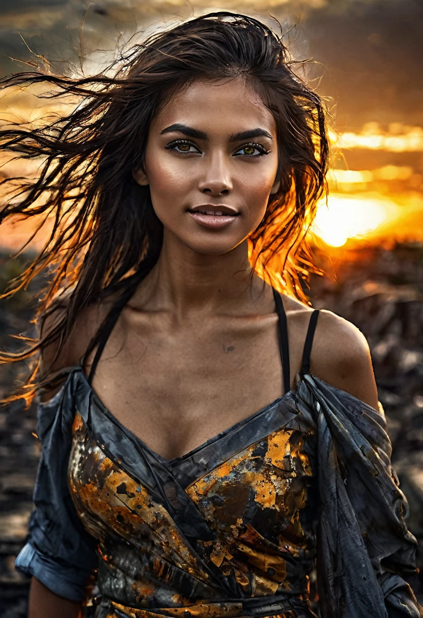 Capture the beauty of an empowered woman in an apocalyptic setting. Let the flashes of a dying sun illuminate her skin as she smiles determinedly.. Highlights her penetrating eyes and challenging hair. Dress her in dark, worn colors that reflect the harshness of her environment. Add details that show their resilience and strength in the midst of chaos. Get inspired by devastated landscapes and the movement of ruins to create an image that conveys strength and courage in difficult times. Let its beauty endure on your Instagram cover!!