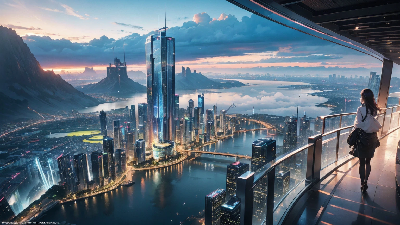 (Best quality,4K,8K,A high resolution,Masterpiece:1.2),Ultra-detailed,(Realistic,Photorealistic,photo-realistic:1.37),Futuristic floating city,Futuristic technology,Huge urban high-tech tablet platform,Airship,Floating in the sky,Futuristic city,Small airships around,High-tech hemispherical platform,Colorful lights,Advanced architecture,modernn architecture,skyscrapper,Access the cloud,Scenic beauty,view over city,Impressive design,Blend seamlessly with nature,energetic and vibrant atmosphere,Futuristic transportation system,Parking is suspended,Transparent path,Lush greenery,Sky gardens,cascading waterfalls,Magnificent skyline,reflections on the water,Sparkling river,Architectural innovation,futuristic skyscrapers,Transparent dome,The shape of the building is unusual,Elevated walkway,Impressive skyline,Glowing lights,Futuristic technology,Minimalist design,Scenic spots,Panoramic view,Cloud Piercing Tower,Vibrant colors,epic sunrise,epic sunset,Dazzling light display,magical ambiance,The future city,Urban Utopia,LuxuryLifestyle,Innovative energy,sustainable development,Smart city technology,Advanced infrastructure,Tranquil atmosphere,Nature and technology live in harmony,Awesome cityscape,Unprecedented urban planning,Architecture connects seamlessly with nature,High-tech metropolis,A cutting-edge engineering marvel,The future of urban living,Visionary architectural concept,Energy-efficient buildings,Harmony with the environment,A city floating above the clouds,Utopian dreams become reality,The possibilities are endless,State-of-the-art transportation network,Green energy integration,Innovative materials,Impressive holographic display,Advanced communication system,Breathtaking aerial view,Quiet and peaceful environment,Modernist aesthetics,Ethereal beauty