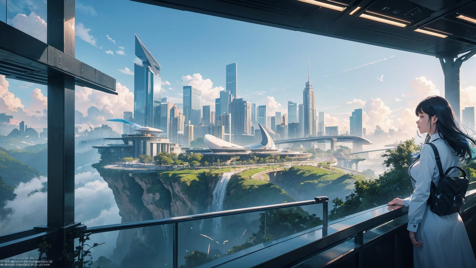 (Best quality,4K,8K,A high resolution,Masterpiece:1.2),Ultra-detailed,(Realistic,Photorealistic,photo-realistic:1.37),Futuristic floating city,Futuristic technology,Huge urban high-tech tablet platform,Airship,Floating in the sky,Futuristic city,Small airships around,High-tech hemispherical platform,Colorful lights,Advanced architecture,modernn architecture,skyscrapper,Access the cloud,Scenic beauty,view over city,Impressive design,Blend seamlessly with nature,energetic and vibrant atmosphere,Futuristic transportation system,Parking is suspended,Transparent path,Lush greenery,Sky gardens,cascading waterfalls,Magnificent skyline,reflections on the water,Sparkling river,Architectural innovation,futuristic skyscrapers,Transparent dome,The shape of the building is unusual,Elevated walkway,Impressive skyline,Glowing lights,Futuristic technology,Minimalist design,Scenic spots,Panoramic view,Cloud Piercing Tower,Vibrant colors,epic sunrise,epic sunset,Dazzling light display,magical ambiance,The future city,Urban Utopia,LuxuryLifestyle,Innovative energy,sustainable development,Smart city technology,Advanced infrastructure,Tranquil atmosphere,Nature and technology live in harmony,Awesome cityscape,Unprecedented urban planning,Architecture connects seamlessly with nature,High-tech metropolis,A cutting-edge engineering marvel,The future of urban living,Visionary architectural concept,Energy-efficient buildings,Harmony with the environment,A city floating above the clouds,Utopian dreams become reality,The possibilities are endless,State-of-the-art transportation network,Green energy integration,Innovative materials,Impressive holographic display,Advanced communication system,Breathtaking aerial view,Quiet and peaceful environment,Modernist aesthetics,Ethereal beauty