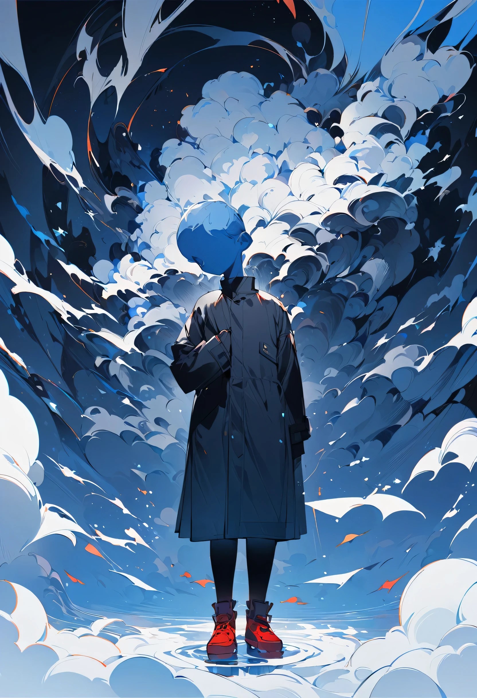This illustration is a digital art piece featuring a single person placed centrally against a blue background. The background is a uniform blue, providing a consistent tone throughout the image. The central figure is wearing a black coat and red shoes, looking downward with a slumped posture. Above his head, there is a small gray cloud, giving the impression that it is raining. In the background, there are four vague blue silhouettes, suggesting movement around him. The overall texture is flat, with minimal three-dimensionality or detail, presenting a simple style. The contrast between the blue background and silhouettes against the black coat and red shoes of the figure is stark. This illustration depicts an abstract environment rather than a real place, serving as a backdrop to express emotions or mental states. The entire piece is unified in blue tones, emphasizing a sense of coldness and isolation.