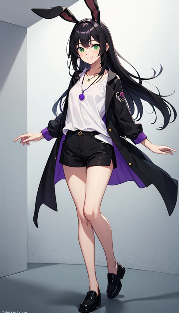 Good quality full body photo))(Teenage girl))アニメ)) teenage girl with straight black hair, slicked black hair, long  hair, black bunny ear band in hair, bunny ear band in hair, big hair, greeneyes, Caucasian skin, tight shirt pajamas, tight shirt, purple blouse, purple color blouse, short shorts , short shorts, little armor, green magic necklace, green necklace, greeneyes, smiling, confident