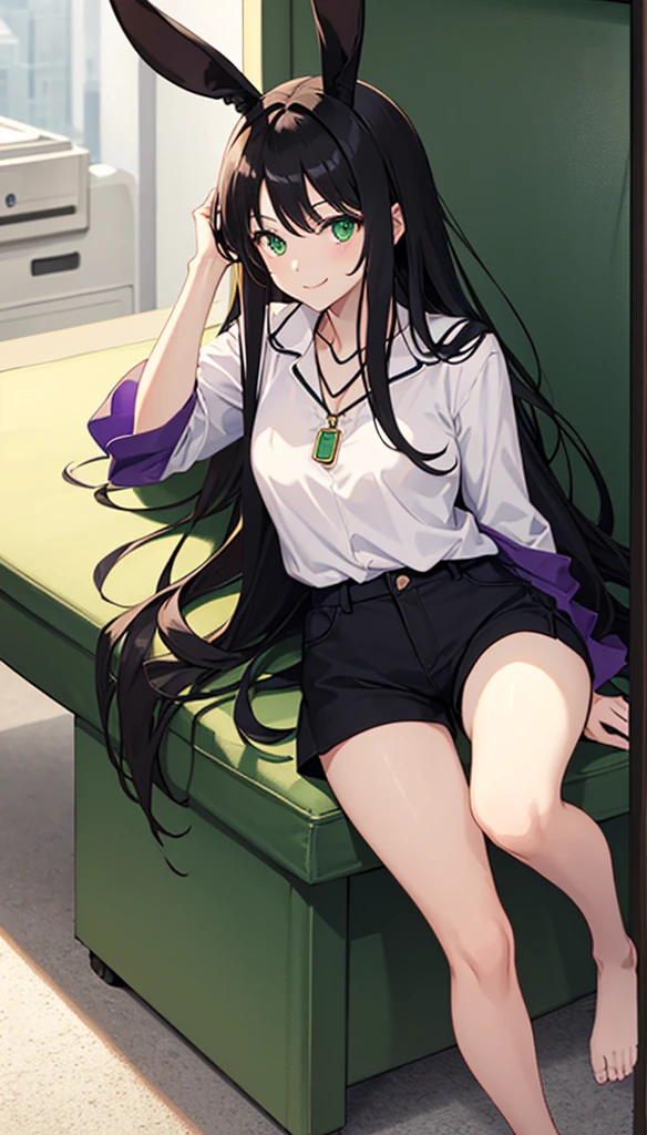 Good quality full body photo))( girl))アニメ)) teenage girl with straight black hair, slicked black hair, long  hair, black bunny ear band in hair, bunny ear band in hair, big hair, greeneyes, Caucasian skin, tight shirt pajamas, tight shirt, purple blouse, purple color blouse, short shorts , short shorts, little armor, green magic necklace, green necklace, greeneyes, smiling, confident