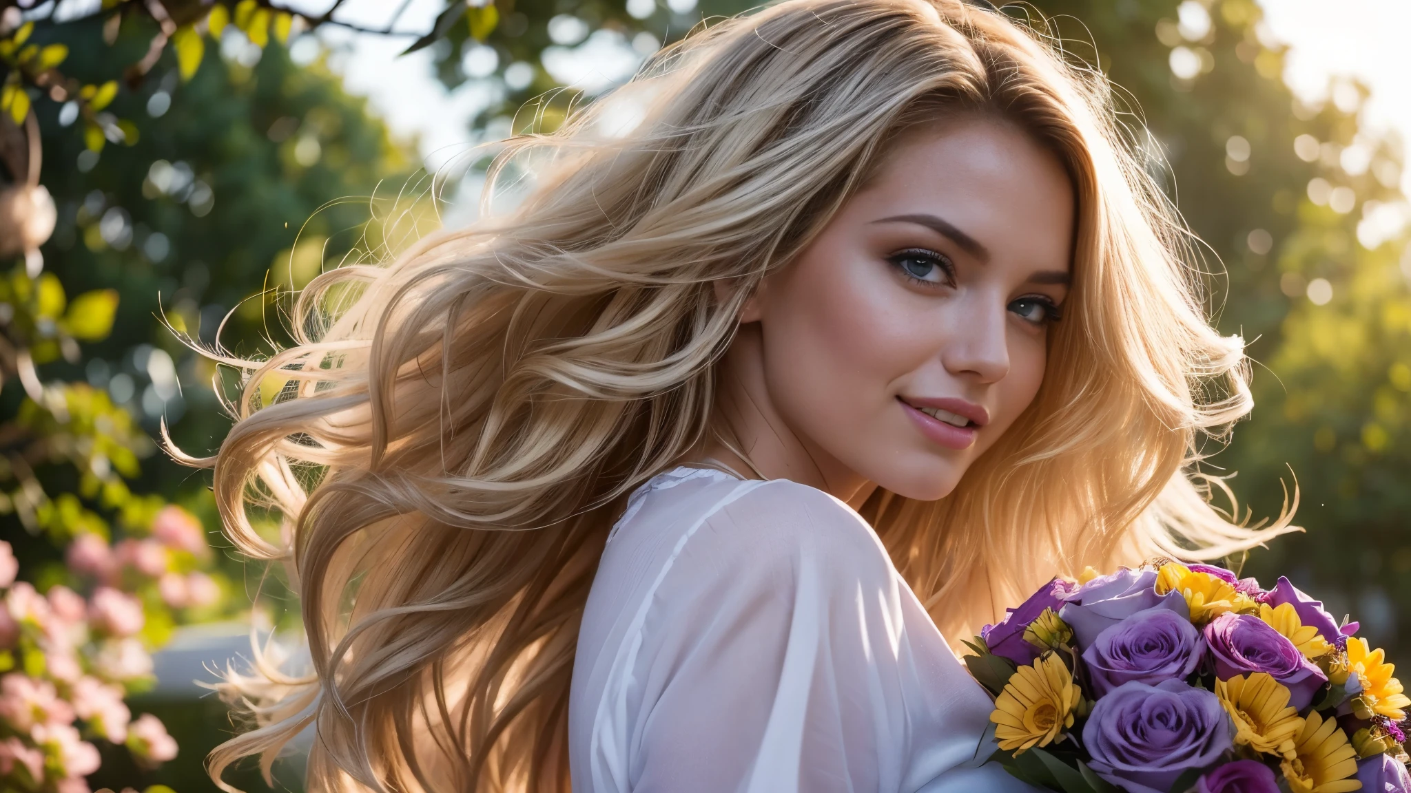 (from below:1.4), shot from the ground level, 
a gorgeous European blonde woman, age 23, wavy hair. she's a playboy magazine model. She has a subtle smile and flirts with the camera, (She is holding a bouquet of flowers that her husband has just given her. She is very happy and in love with her husband:1.3), (in sunset light:1.2), (she wears a blouse and pants:1.2), perfect eyes, perfect hands, perfect body, perfect hair, perfect breast, hair behind ear, blurry foreground, UHD, retina, masterpiece, accurate, anatomically correct, textured skin, super detail, high details, high quality, award winning, best quality, highres, 16k, 8k