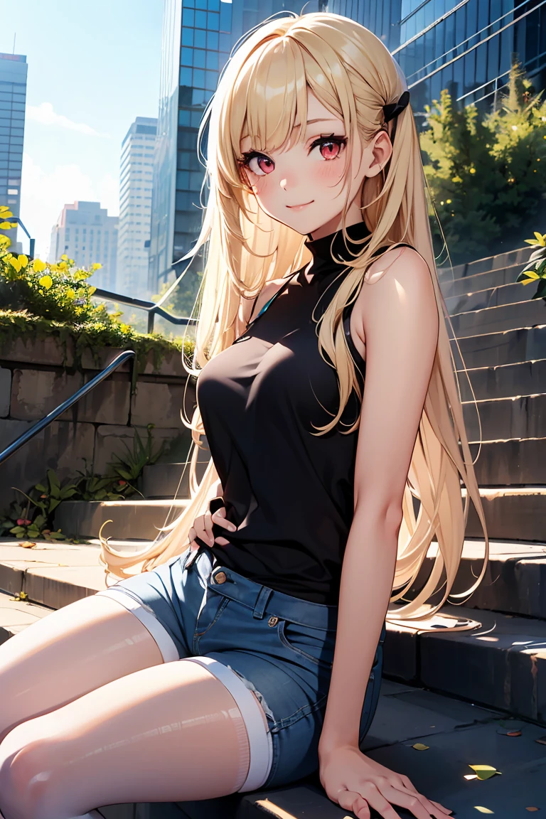 ((1 girl)), Latest Trends in Clothing, Denim shorts, Black Pantyhose, sneakers, Grinning face, Cute little sister, Sit on the stairs, whole body,((Very detailed,Highest quality, High resolution, 8k wallpaper, Beautiful clothes,)),((Blonde, Long Hair,Straight hair)),Bangs fastened with hairpins,In the city, blush , (Red eyes),eye shadow, eyeliner,Glow Eye, Very detailed目, Beautiful Eyes, 14-year-old girl.