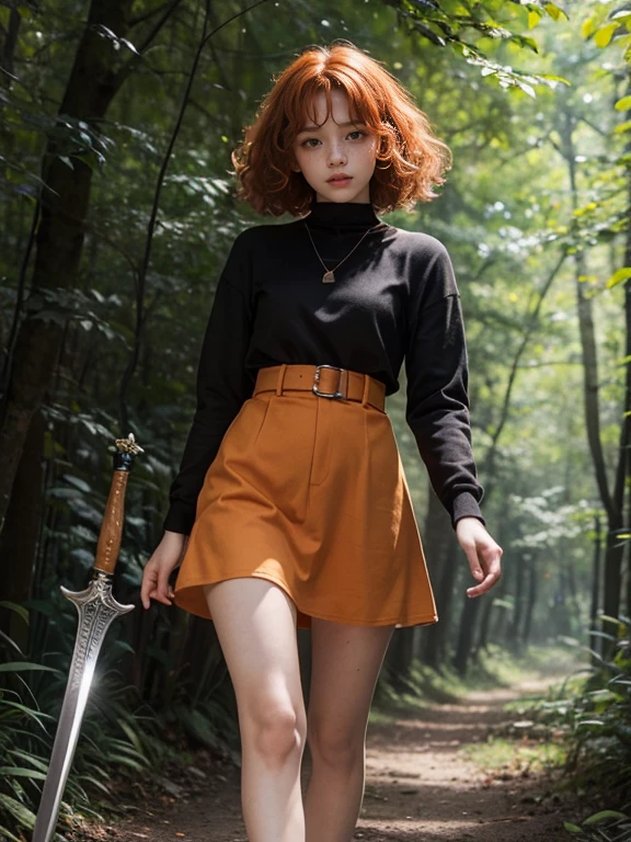  girl, Lovely, orange hair, very short, Very curly, slim, flat bust, with freckles on the face, with slavic features, with short casual dress, black color, of long sleeve, showing her legs, In the woods, walking, holding a sword in his right hand.