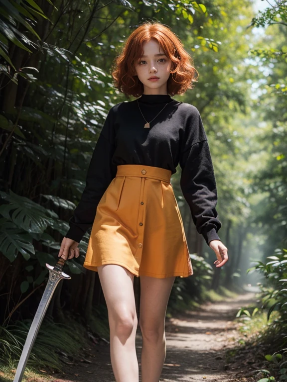 15 year old girl, Lovely, orange hair, very short, Very curly, slim, flat bust, with freckles on the face, with slavic features, with short casual dress, black color, of long sleeve, showing her legs, In the woods, walking, holding a sword in his right hand.