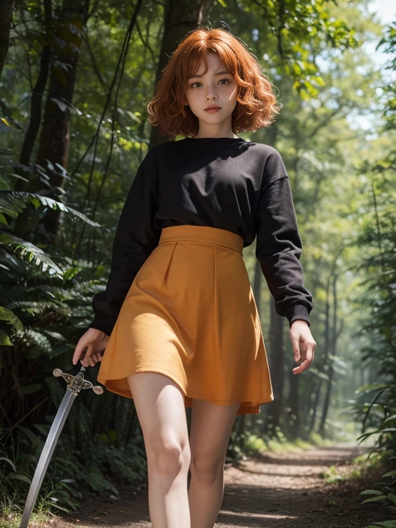 15 year old girl, Lovely, orange hair, very short, Very curly, slim, flat bust, with freckles on the face, with slavic features, with short casual dress, black color, of long sleeve, showing her legs, In the woods, walking, holding a sword in his right hand.