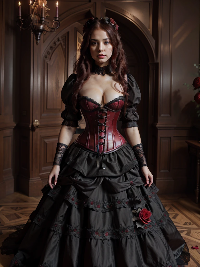 Gothic style 8k, masterpiece, highly detailed, 1girl, (red underbust corset), full body, long dress, roses, (lace blouse), rose hair ornament, Dark, mysterious, haunting, dramatic, ornate, detailed