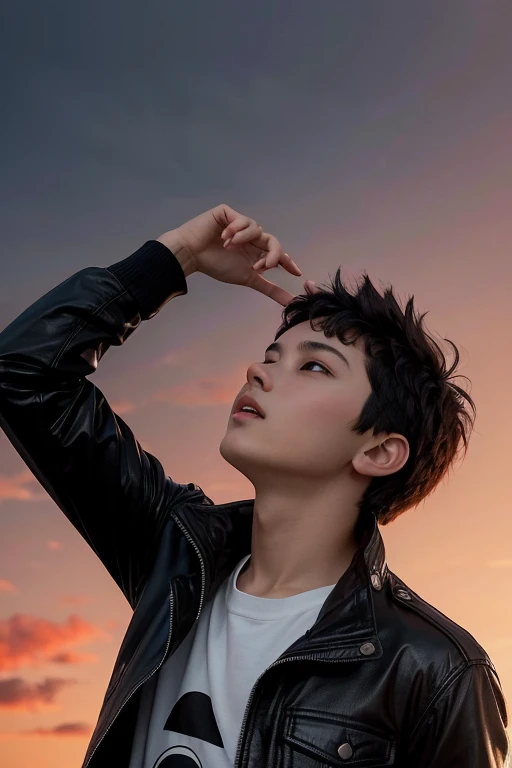 Boy with short dark hair, wearing black jacket looking up with red sky.