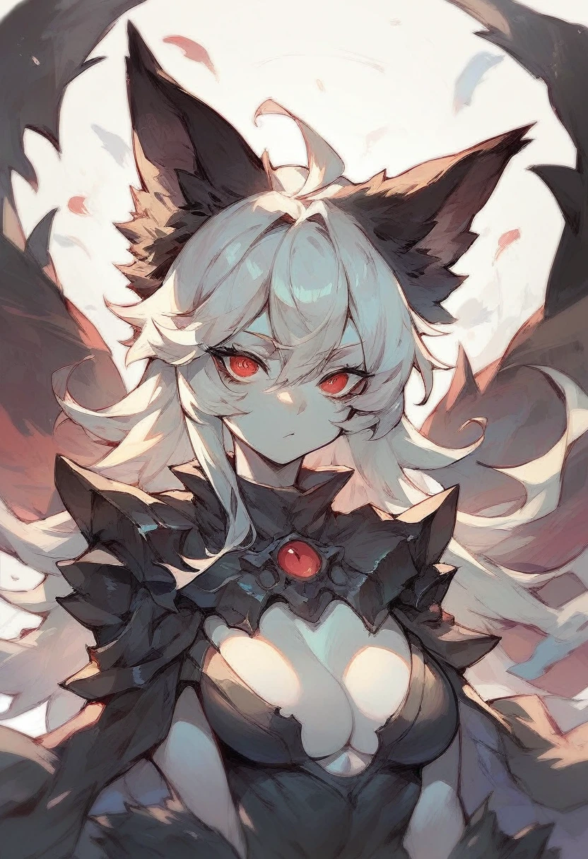 White haired furry wolf girl, Black ears, White skin, Red Eyes,