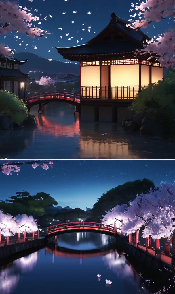 Arien view, view was a beautiful night with cherry blossoms blooming around. There was no humans in sight, as the night was clear and. The scenery was of East Asian architecture, with bridges and buildings surrounded by water. petals of the cherry blossoms grew out of the trees, adding to the natural beauty of the scene. In the distance, fireflies \u95ea\u70c1\u7740\uff0c adding a touch of magic to the night.