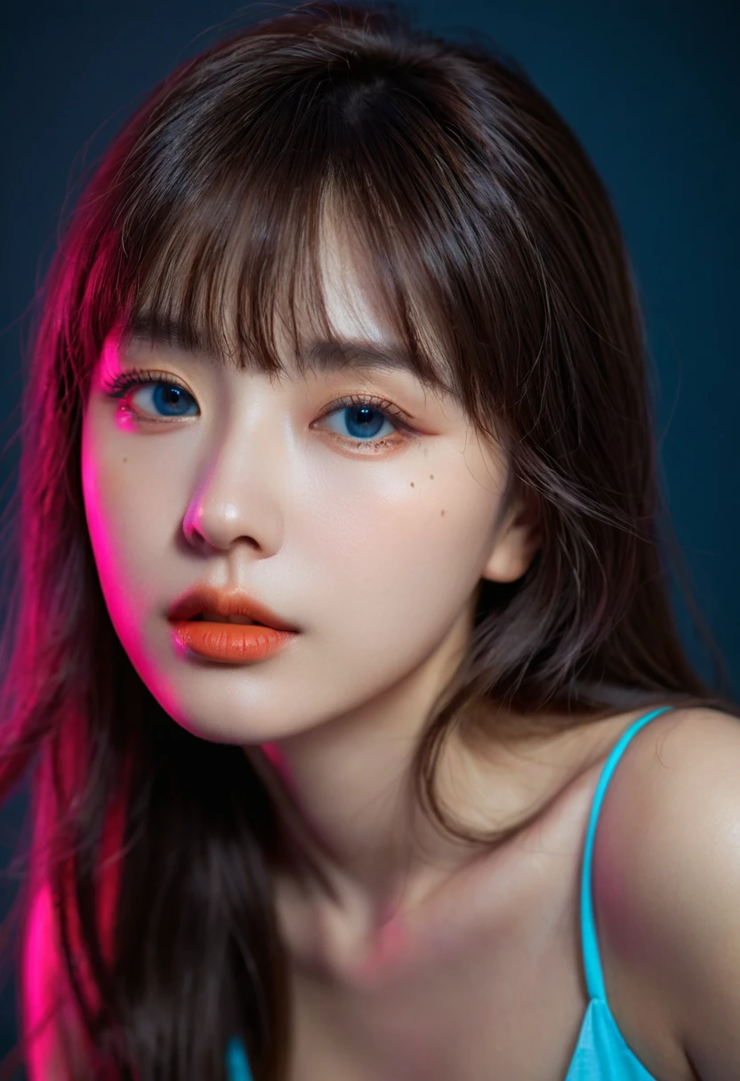 (upper body:1.5),8k, best quality, 1 Girl, (Skin Indentation), night, (dark), Indoor clear background, (people), Beautiful bangs, Gorgeous,, (Clothing and:1.3),Soft lighting, attractive, dark Room, (mouth close:1.2, beautiful eyes, Delicate eyes, Detailed iris, Beautiful lips, Beautiful nose, Pretty Face),(primary color:1.5),(Ambient Light:1.5),(Neon light:1.8),(Radioluminescence:1.8),(red and blue light:1.5)