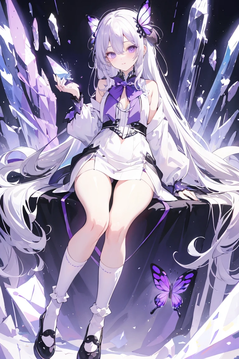 Silver Hair，crystal hair, Butterfly，Long white hair，8k wallpaper，Detailed background，Maximum resolution，Hair covers one eye，Drawcord，Chies，purple Rose，Tight Fit，高筒Socks，Socks