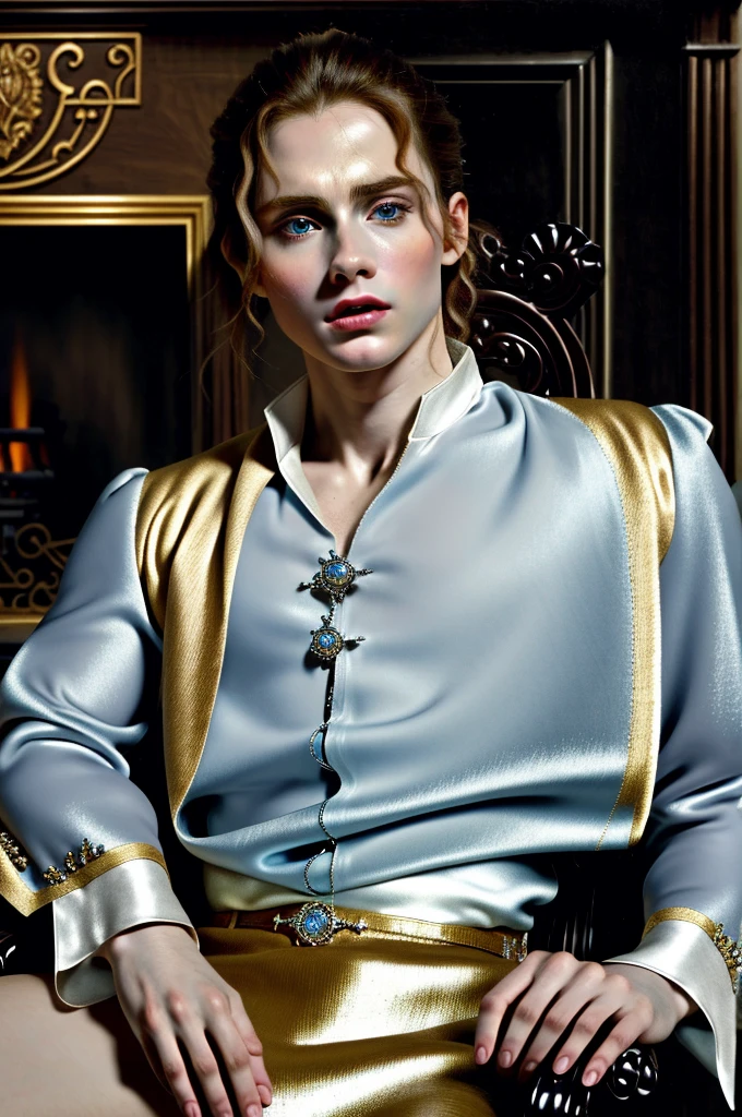 Portrait of Christopher Marlowe, sutting in chair near fireplace, white skin, piercing icy blue eyes, silky golden-brown hair, refined features, charp jawline, clean shaved, black Elizabethan velvet jerkin, white laced shirt, high quality, masterpiece, best quality, highres, 1man