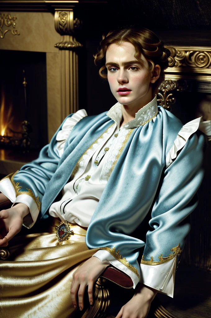 Portrait of Christopher Marlowe, sutting in chair near fireplace, white skin, piercing icy blue eyes, silky golden-brown hair, refined features, charp jawline, clean shaved, black Elizabethan velvet jerkin, white laced shirt, high quality, masterpiece, best quality, highres, 1man