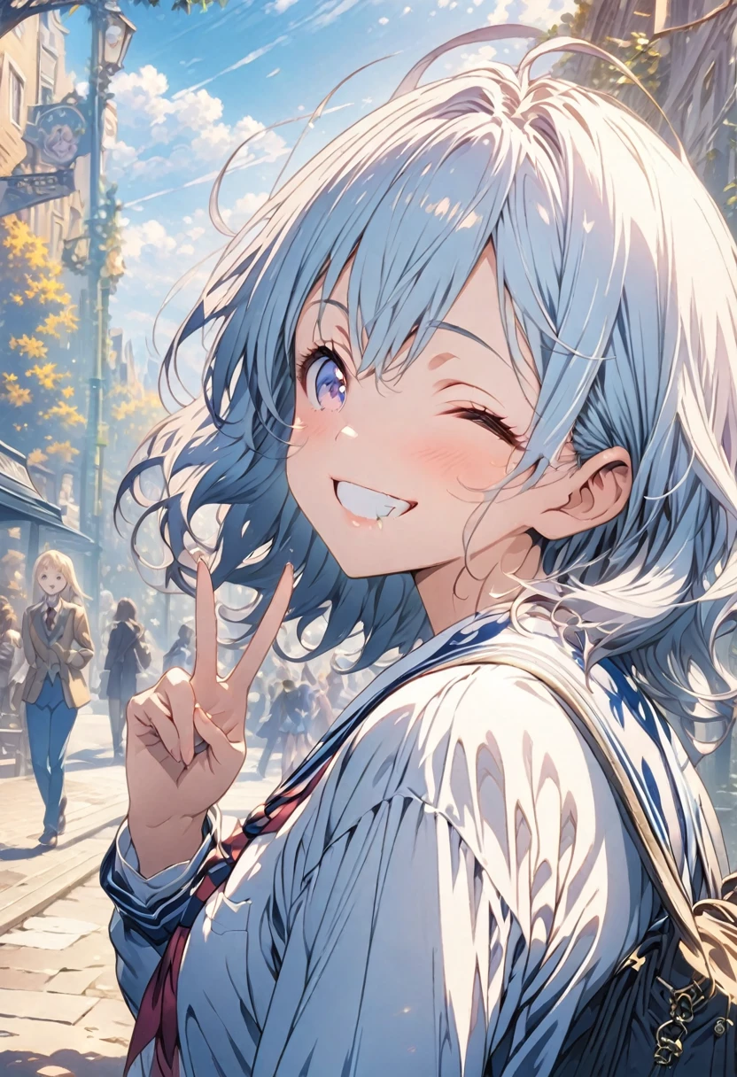 masterpiece, Highest quality, Highly detailed CG Unity 8K wallpapers, High School Girl Anime Illustration. Wearing a uniform、She is making the peace sign while eating her lunch、Blue Hair、she has her eyes closed and mouth open, smile. The background is a light pastel colored landscape