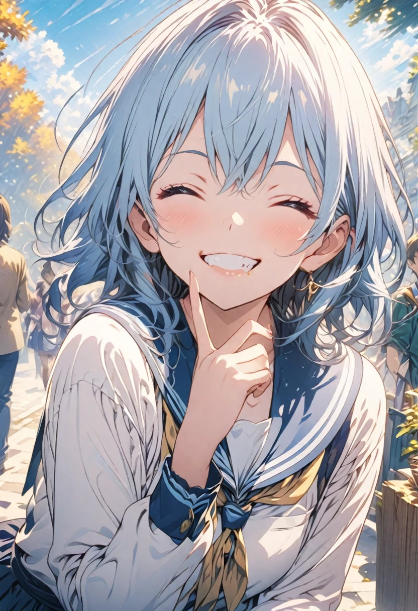 masterpiece, Highest quality, Highly detailed CG Unity 8K wallpapers, High School Girl Anime Illustration. Wearing a uniform、She is making the peace sign while eating her lunch、Blue Hair、she has her eyes closed and mouth open, smile. The background is a light pastel colored landscape