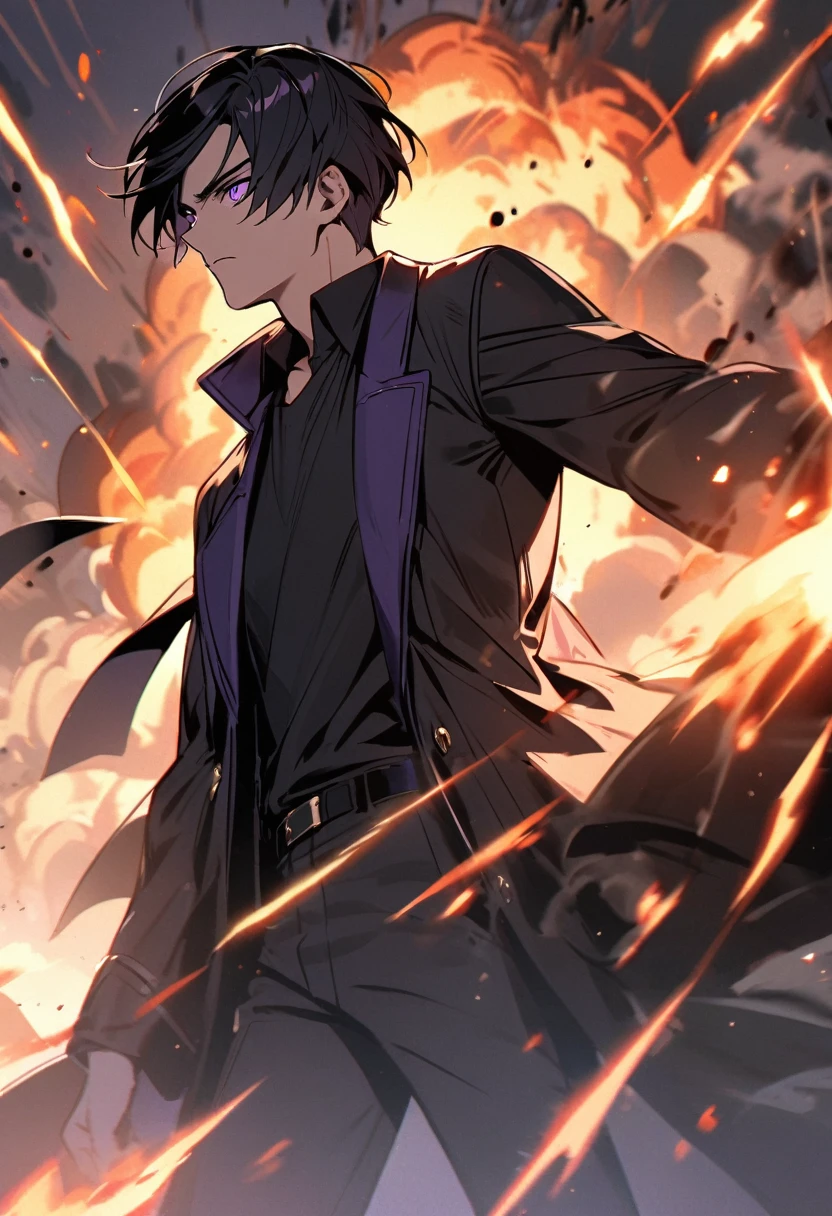 handsome, alone, 1 man, short hair, black hair, purple eyes, black shirt, black coat, Lots of power, explosions.