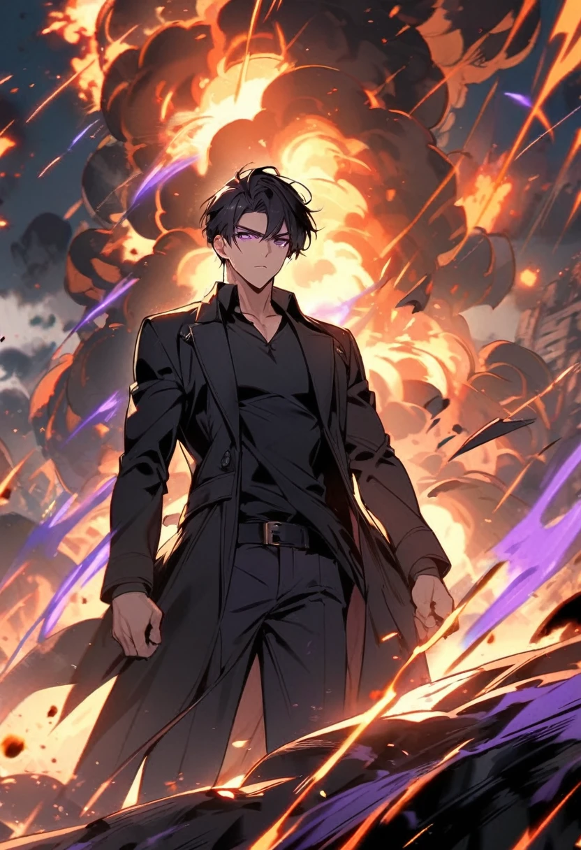 handsome, alone, 1 man, short hair, black hair, purple eyes, black shirt, black coat, Lots of power, explosions.