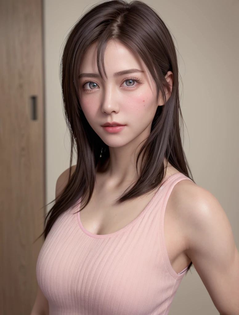 8K, Best Quality, masutepiece, Ultra High Resolution, (Realism: 1.3), Original photo, (Realistic skin texture: 1.3), (Film grain: 1.3), (Selfie angle), 1 girl, Pink clothes, Sapphire eyes and beautiful face details, masutepiece, Best Quality, close-up, Upper body top quality image quality pull-up
