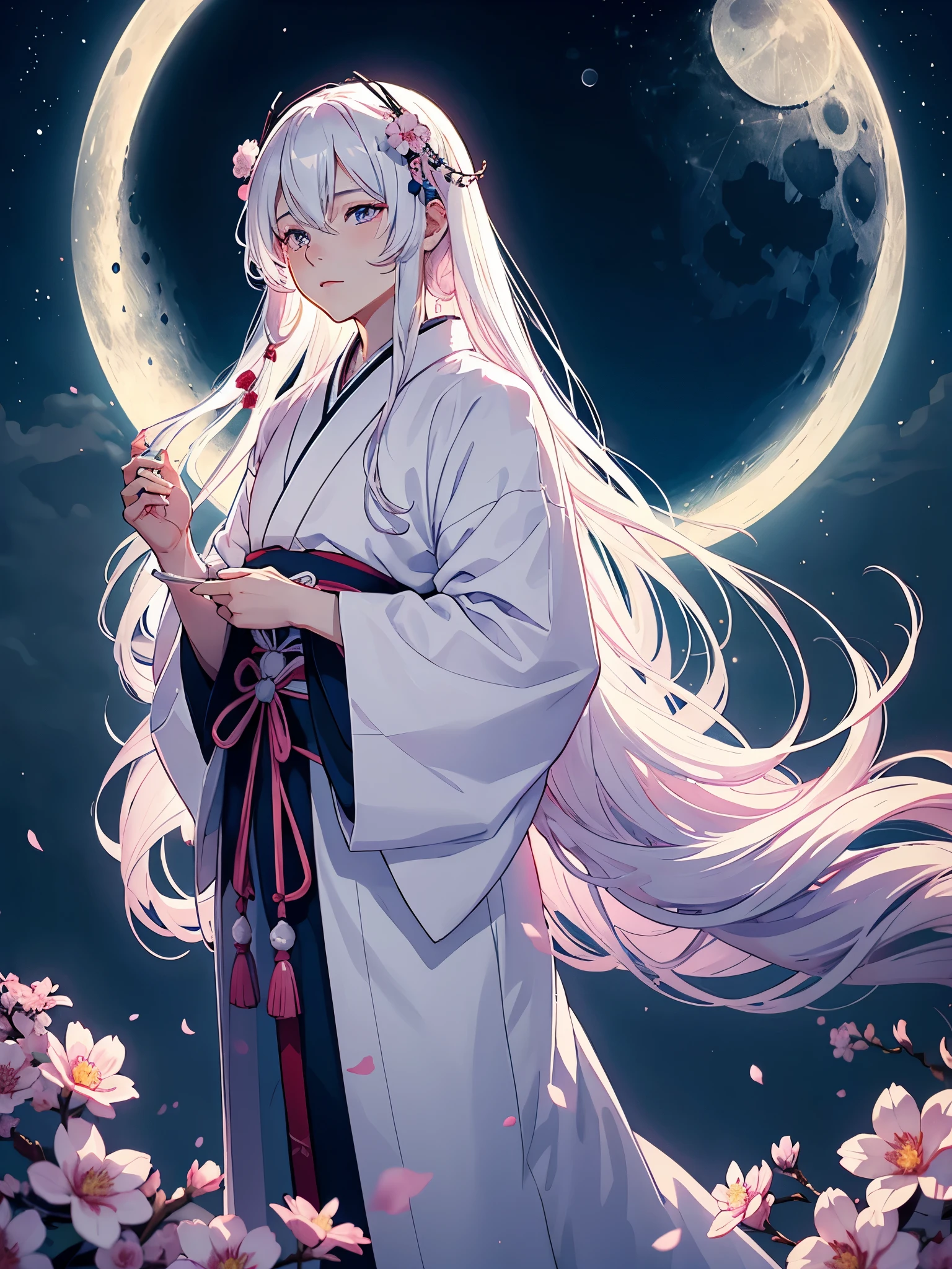 Männlich. Blaues Licht. Mann. Männlich. Boy. Tsukiyomi. japanese clothes. God of the Moon. long white hair. traditional clothing. divine. full moon. Pink flowers. at night.