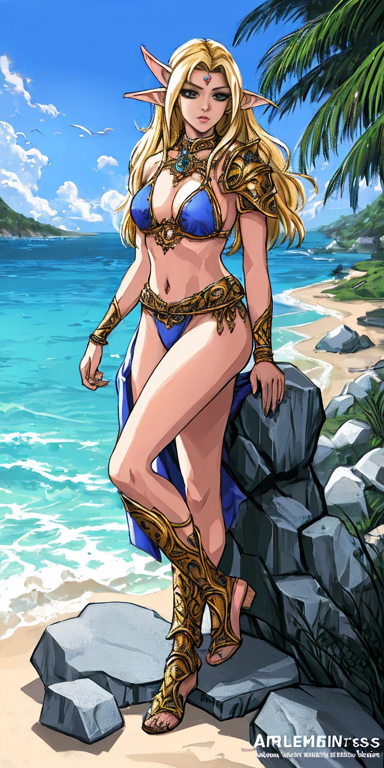 full body woman in a blue bikini sits on a rock next to a body of water, ornate bikini armor, goddess of the sea, portrait of female black elf warrior, detailed fantasy art, Extremely detailed Artgerm, realistic Alexis Texas blonde long messy hair, long elf ears