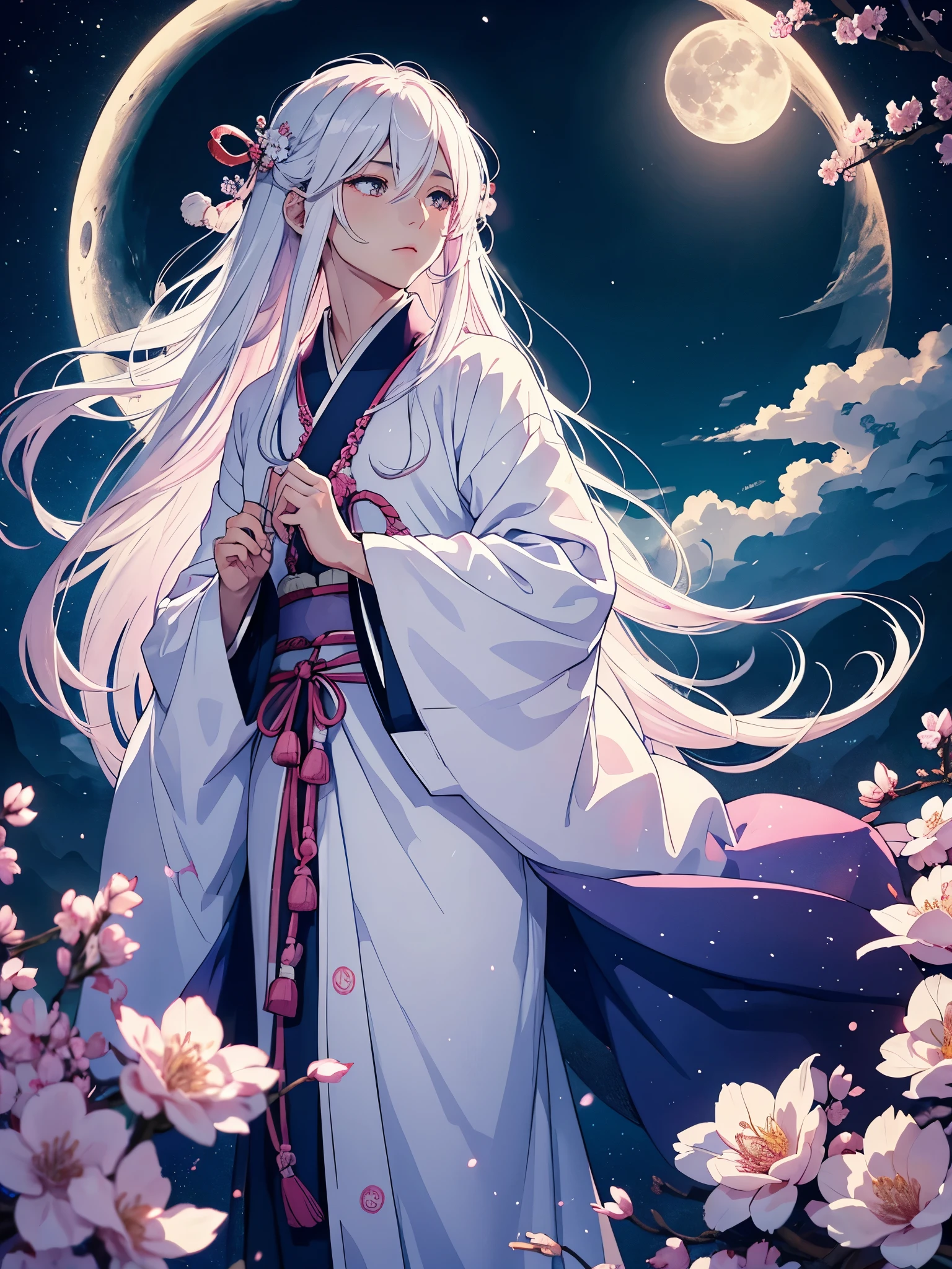 Männlich. Blaues Licht. Mann. Männlich. Boy. Tsukiyomi. japanese clothes. God of the Moon. long white hair. traditional clothing. divine. full moon. Pink flowers. at night.