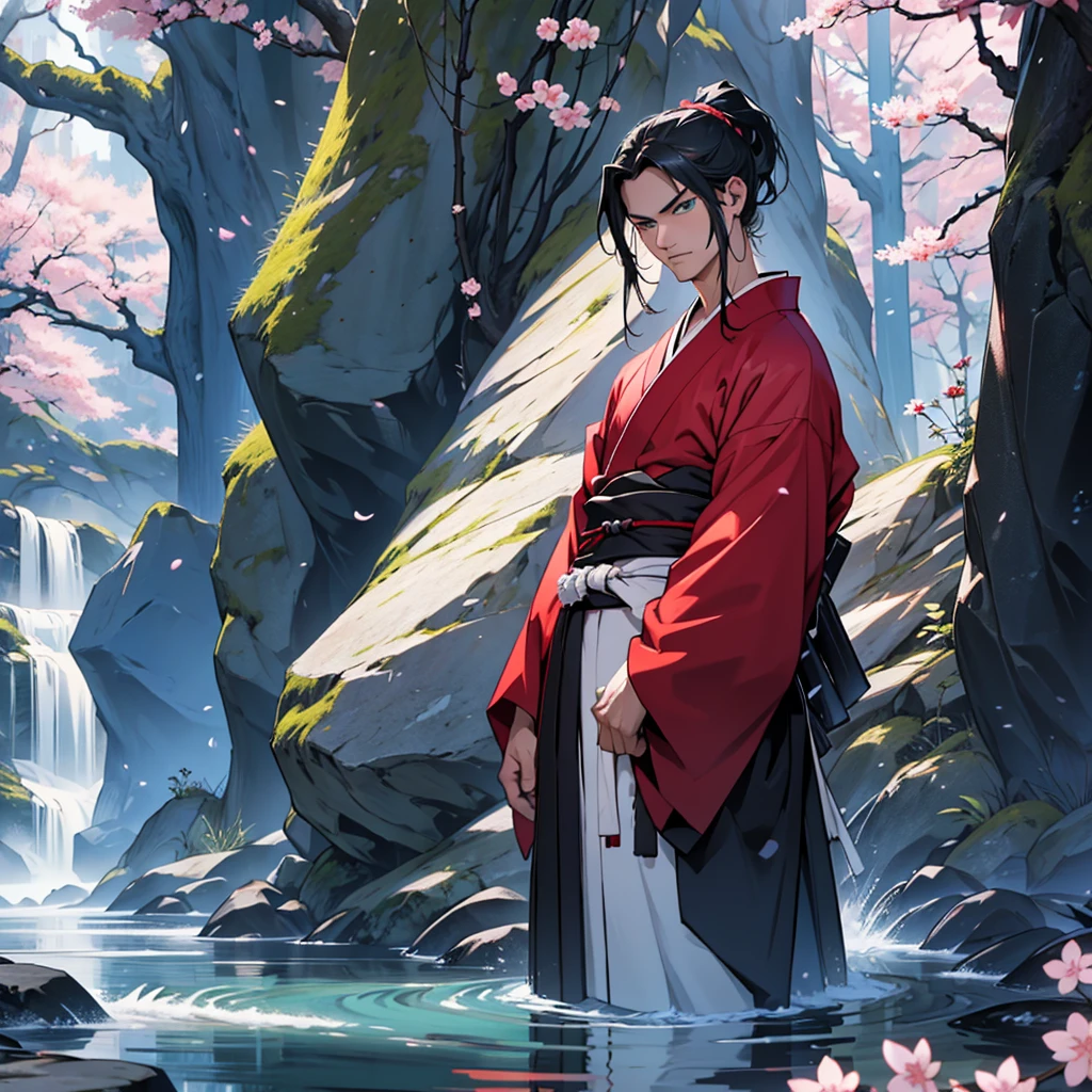 Make a 45 year old man with long black hair in a ponytail with blue eyes wearing a dark red kimono with a katana on his waist along with a 28 year old boy with white short hair and green eyes wearing a white and light blue kimono. arms crossed in front of a mountain full of sakura trees and a stream in front