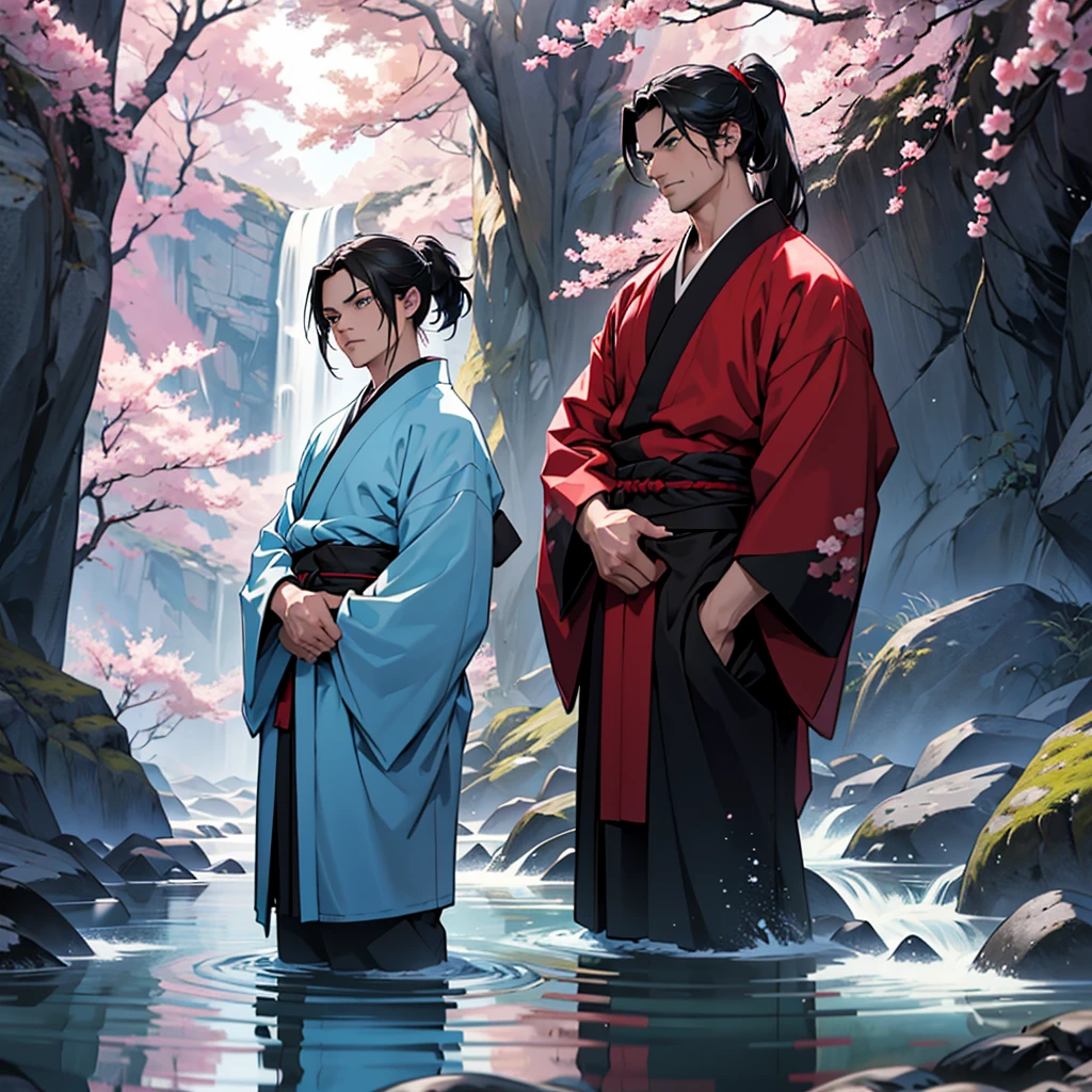Make a 45 year old man with long black hair in a ponytail with blue eyes wearing a dark red kimono with a katana on his waist along with a 28 year old boy with white short hair and green eyes wearing a white and light blue kimono. arms crossed in front of a mountain full of sakura trees and a stream in front