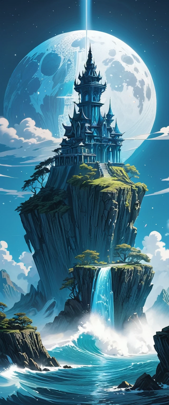 A huge cliff in the middle of the sea(There are rough waves and spray under the cliff),A mysterious island with a waterfall in the middle,There is a crystal castle on the mysterious island surrounded by mountains.(Emits a very bright blue light)The light of the gods shines. There is a huge bluish full moon in the background. There is a very thick mist. The atmosphere is mysterious, majestic and majestic., Surrealism, Luminism art aesthetic magical landscape, Intricate Fantasy Paintings, Detailed Fantasy Art Fantasy Illustrator Mystical Illusion Art, Extremely detailed dream scenes, perfectly composed, intricately detailed, meticulous digital art