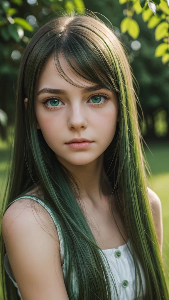 a girl. face sent feeling. Europe. Oval face. long face. delicate facial features. sad eyes. green eyes. long straight hair. thick, bouncy hair. green hair. sad expression. shy. outdoor