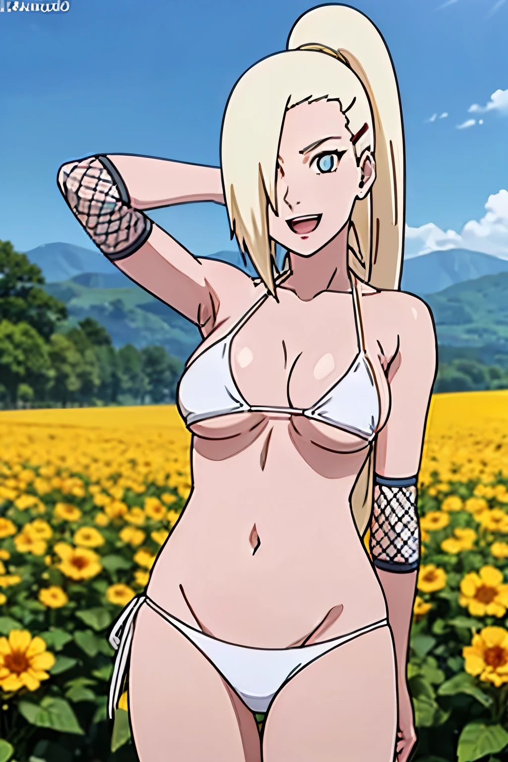 (White bikini:1.5), Ino yamanaka, ultra details, looking at the viewer, gorgeous, attractive, groin, cowboy shot, ultra detailed face, sunny day, day time, shiny skin, upper body view, anime style, solo, detailed flower field, blonde, (focus on breasts), ((one eye covered with hair, hair over eye, ponytail)), (medium breasts), belly button, looking at the viewer, thick arms, (off-shoulders, wide shoulders, curving body), hidden eye, smile, open mouth, very happy, tall, hair clip, sharp look, sharp face, sharp eye, cold colors,
