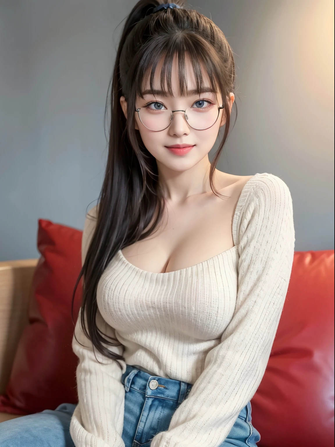 (Best quality, masterpiece, detailed), (RAW, 4k, hd images), 1 girl, , white skin, long hair, ponytail, layers hair, bangs, black hair, beautiful girl, cute girl, sweet girl, pretty girl, perfect girl, perfect body, pretty eyes, blue eyes, thin lips, (eye line, lip soft), perfect round breast, glasses, wayfare, simple background, smile, waist, hips, sweater, half body, selfie, sit on sofa