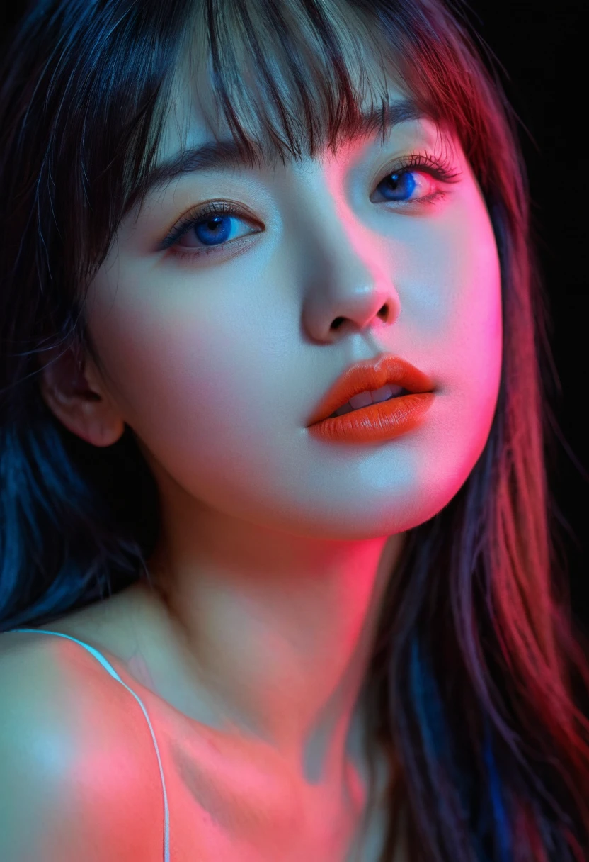 (upper body:1.5),8k, best quality, 1 Girl, (Skin Indentation), night, (dark), Indoor clear background, (people), Beautiful bangs, Gorgeous,, (Clothing and:1.3),Soft lighting, attractive, dark Room, (mouth close:1.2, beautiful eyes, Delicate eyes, Detailed iris, Beautiful lips, Beautiful nose, Pretty Face),(primary color:1.5)，(Ambient Light:1.5)，(Neon light:1.8),(Radioluminescence:1.8),(red and blue light:1.5)