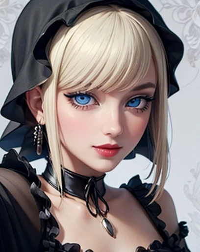 only face, selfie, wallpaper, full HD,  beautiful and detailed face with red lips and sensual smile, blue eyes white skin black eyeliner gothic makeup blonde hair with bangs 